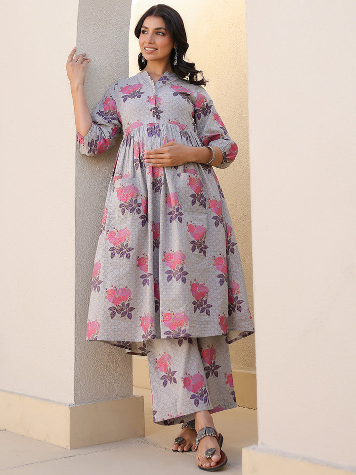 Grey Pure Cotton Foil Printed Flared Maternity Kurta Set - qivii