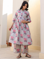 Grey Pure Cotton Foil Printed Flared Maternity Kurta Set