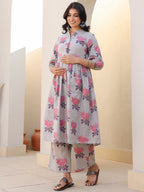 Grey Pure Cotton Foil Printed Flared Maternity Kurta Set