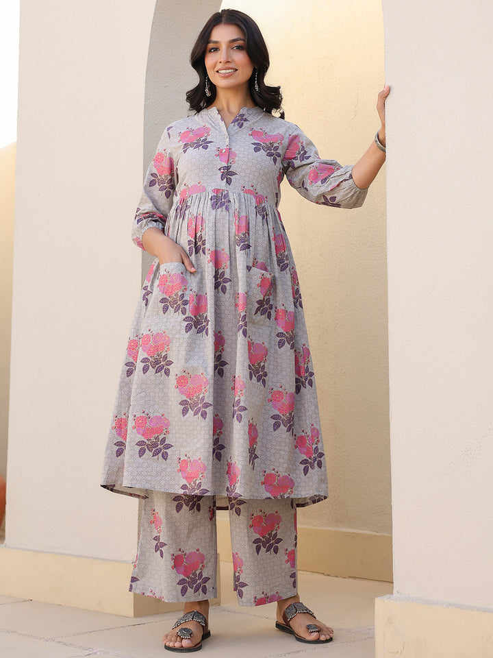 Grey Pure Cotton Foil Printed Flared Maternity Kurta Set - qivii