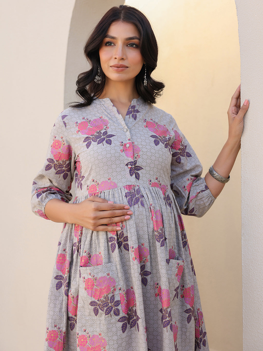 Grey Pure Cotton Foil Printed Flared Maternity Kurta Set - qivii