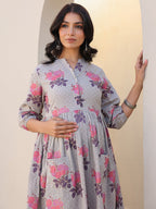 Grey Pure Cotton Foil Printed Flared Maternity Kurta Set