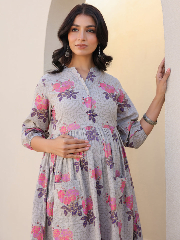 Grey Pure Cotton Foil Printed Flared Maternity Kurta Set - qivii