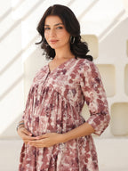 Mauve Pure Cotton Tie & Dye A-line Maternity Dress