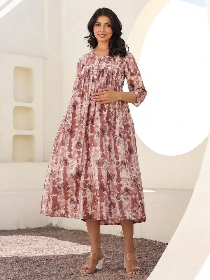 Mauve Pure Cotton Tie & Dye A-line Maternity Dress - qivii