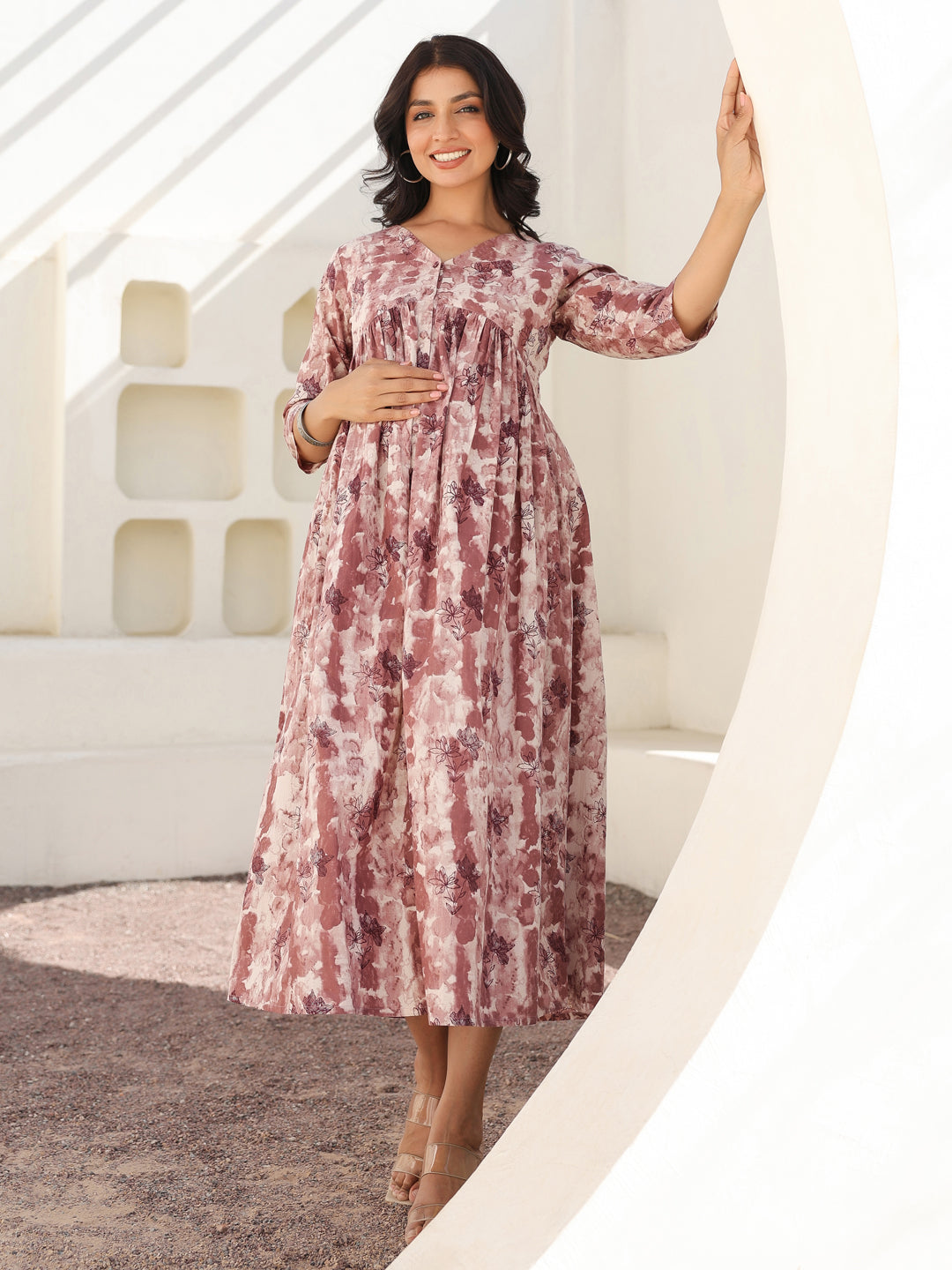 Mauve Pure Cotton Tie & Dye A-line Maternity Dress - qivii