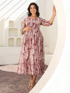 Mauve Pure Cotton Tie & Dye A-line Maternity Dress