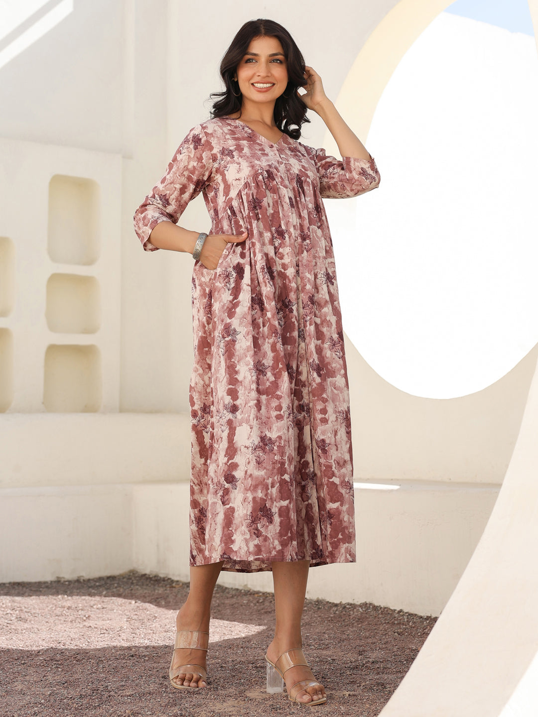 Mauve Pure Cotton Tie & Dye A-line Maternity Dress - qivii