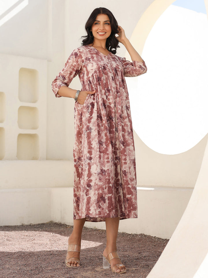 Mauve Pure Cotton Tie & Dye A-line Maternity Dress - qivii