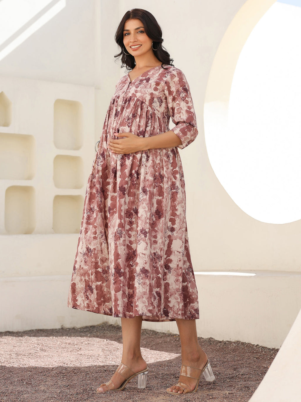 Mauve Pure Cotton Tie & Dye A-line Maternity Dress