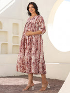 Mauve Pure Cotton Tie & Dye A-line Maternity Dress