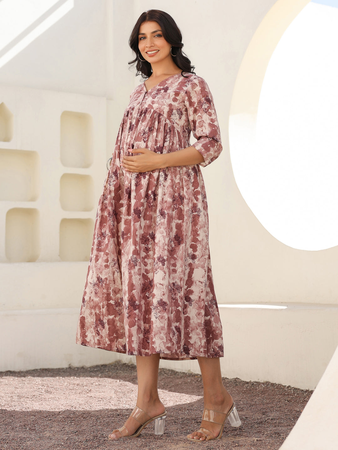 Mauve Pure Cotton Tie & Dye A-line Maternity Dress