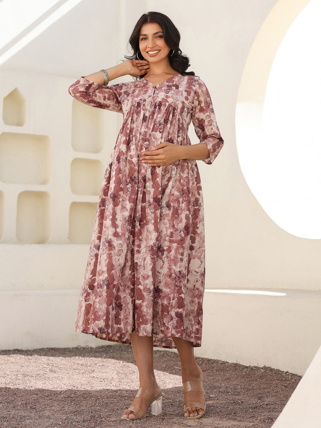 Mauve Pure Cotton Tie & Dye A-line Maternity Dress