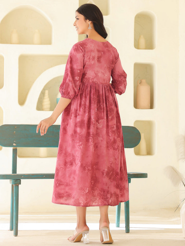 Mauve Pure Cotton Tie & Dye A-line Maternity Dress - qivii