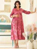 Mauve Pure Cotton Tie & Dye A-line Maternity Dress