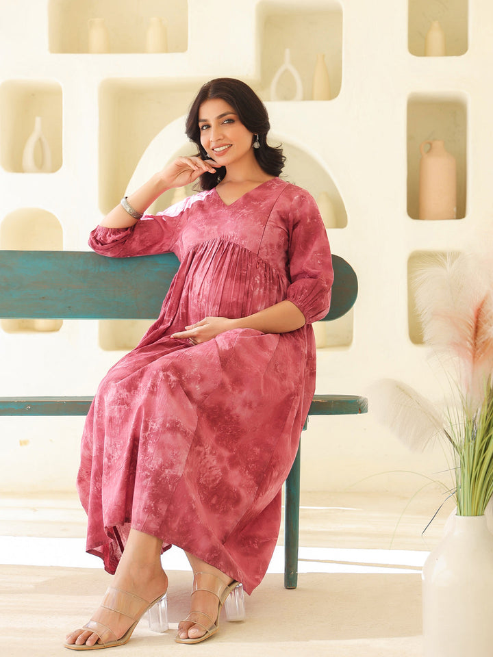 Mauve Pure Cotton Tie & Dye A-line Maternity Dress - qivii