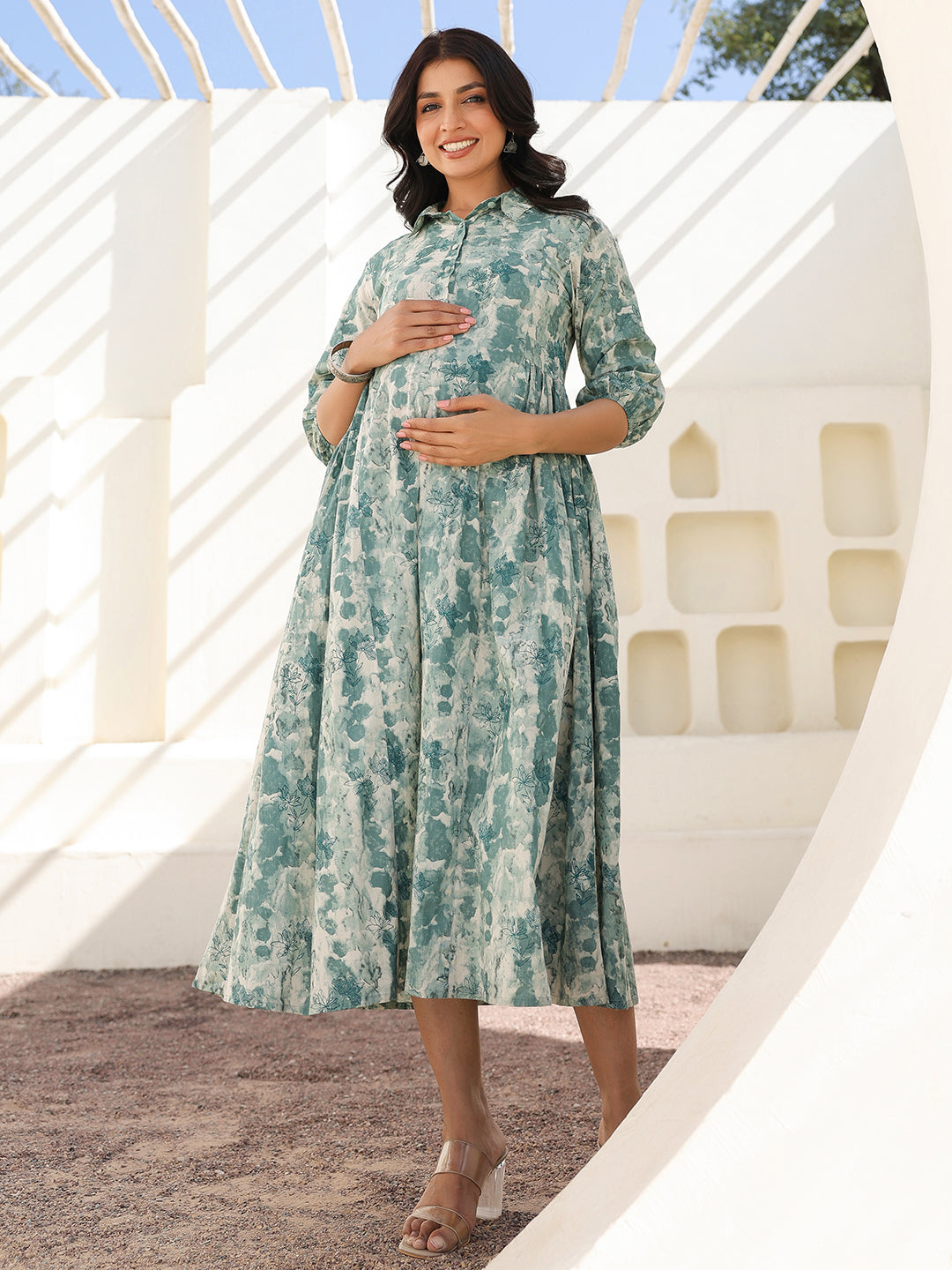 Sage Green Pure Cotton Tie-dye A-line Maternity Dress