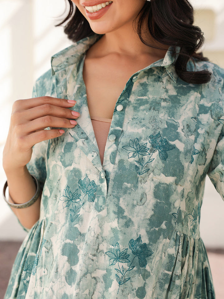 Sage Green Pure Cotton Tie-dye A-line Maternity Dress - qivii