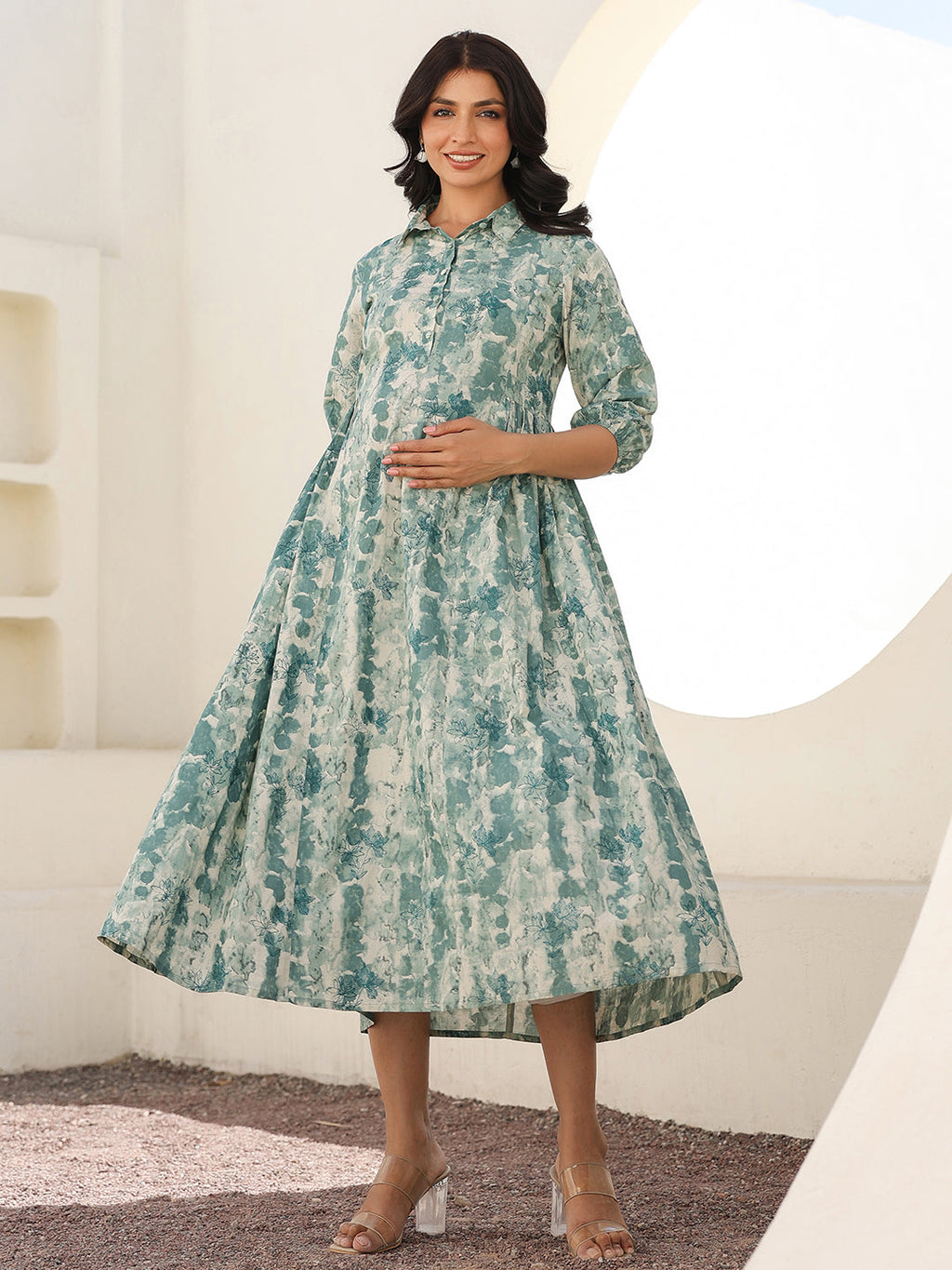 Sage Green Pure Cotton Tie-dye A-line Maternity Dress