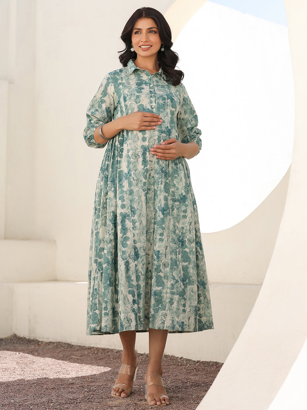 Sage Green Pure Cotton Tie-dye A-line Maternity Dress