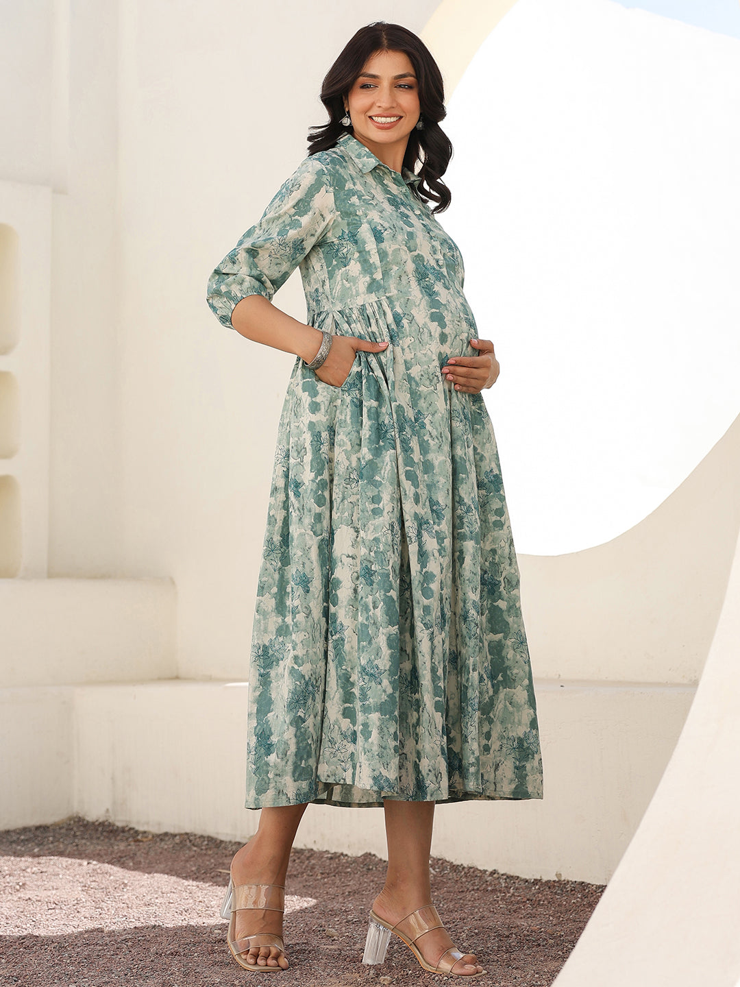 Sage Green Pure Cotton Tie-dye A-line Maternity Dress
