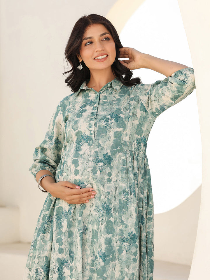 Sage Green Pure Cotton Tie-dye A-line Maternity Dress - qivii