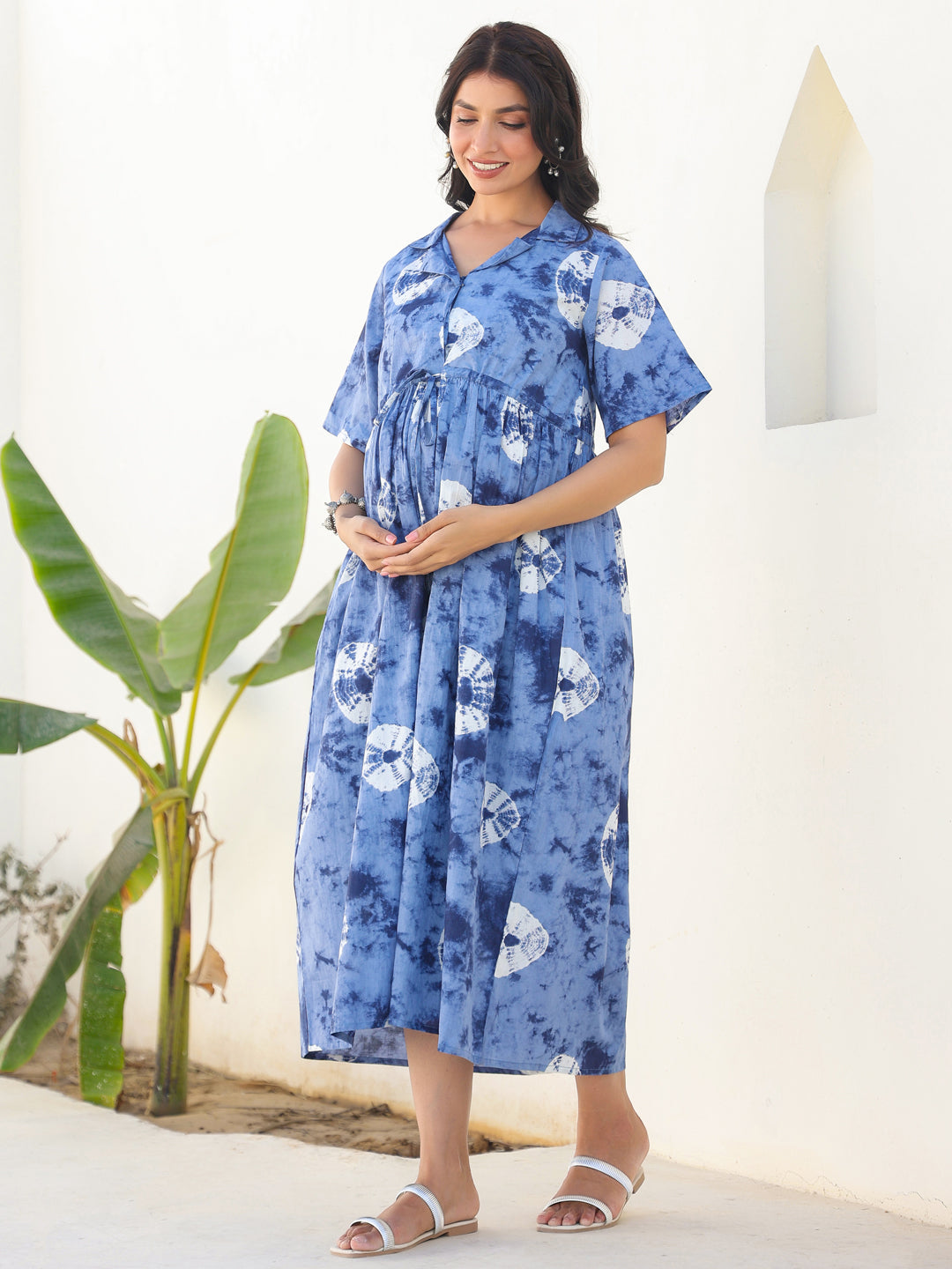 Blue Pure Cotton Tie & Dye Gathered Maternity Dress - qivii