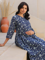 Indigo Pure Cotton Floral Printed Gathered Maternity Kurta Set