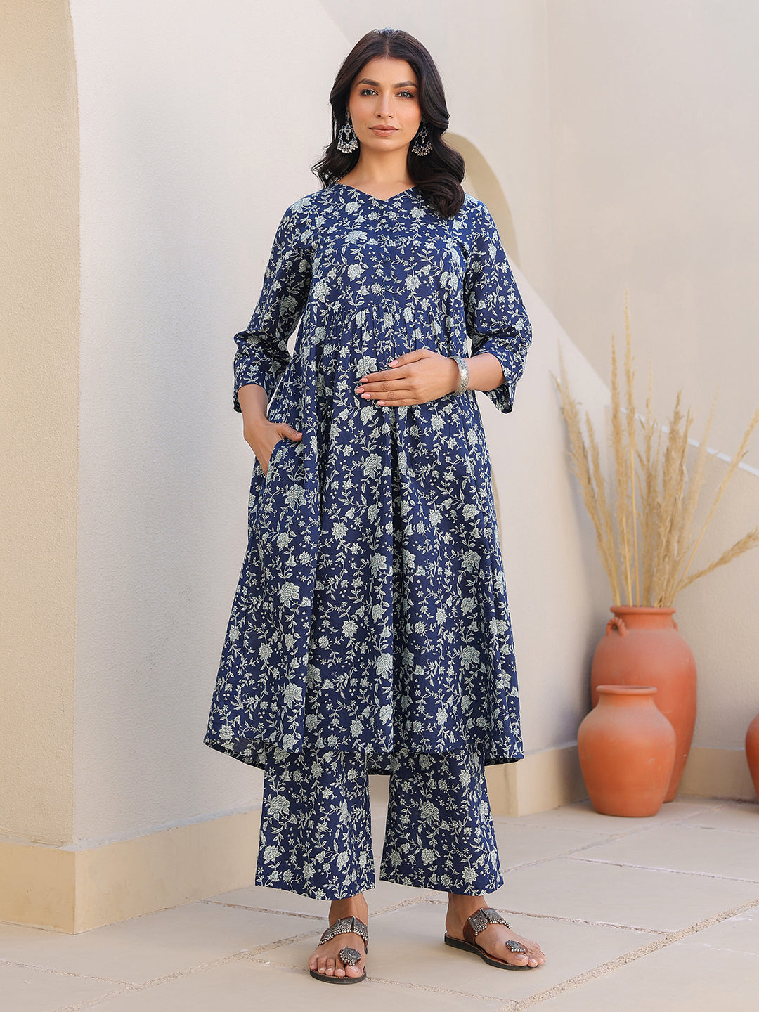 Indigo Pure Cotton Floral Printed Gathered Maternity Kurta Set - qivii