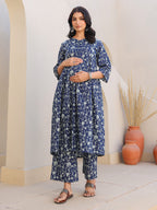 Indigo Pure Cotton Floral Printed Gathered Maternity Kurta Set
