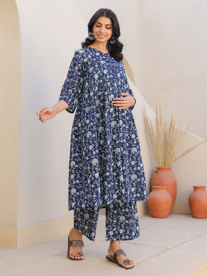 Indigo Pure Cotton Floral Printed Gathered Maternity Kurta Set - qivii