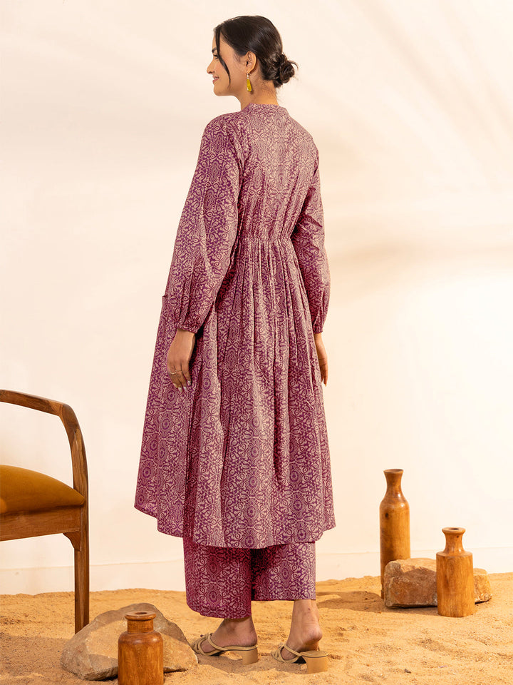 Magenta Pure Cotton Ethnic Motifs A-line Maternity Kurta Set - qivii