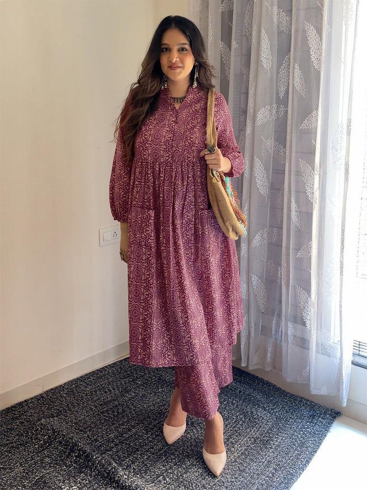 Magenta Pure Cotton Ethnic Motifs A-line Maternity Kurta Set - qivii