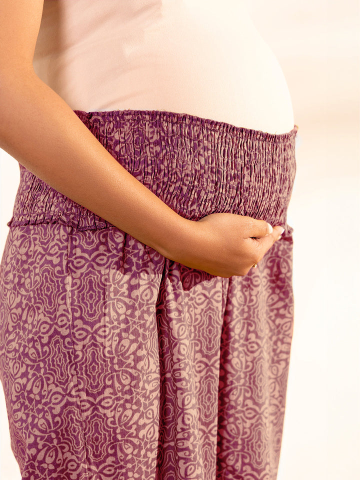 Magenta Pure Cotton Ethnic Motifs A-line Maternity Kurta Set - qivii