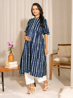 Indigo Pure Cotton Geometric Printed A-line Maternity Kurta
