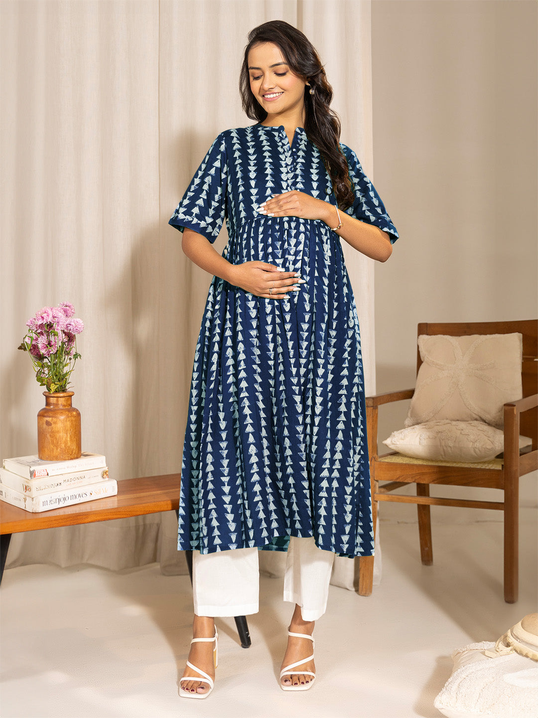 Indigo Pure Cotton Geometric Printed A-line Maternity Kurta - qivii