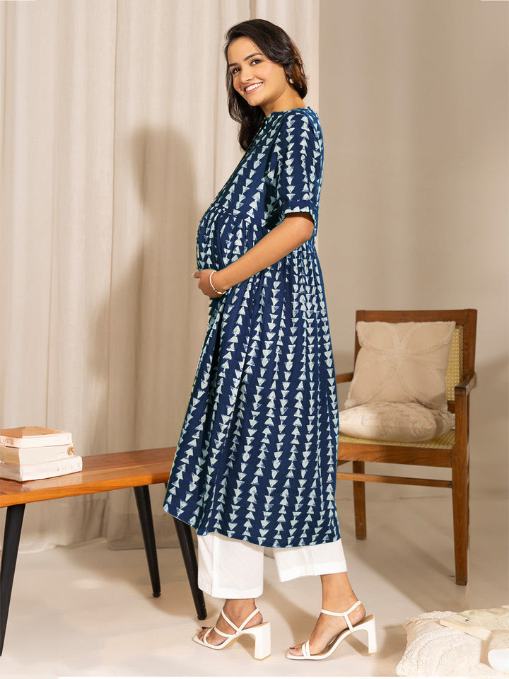 Indigo Pure Cotton Geometric Printed A-line Maternity Kurta - qivii