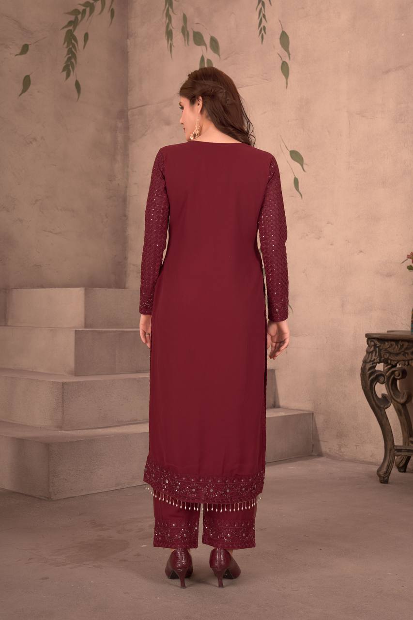 MAROON FAUX GEORGEET WITH EMBROIDERY SEQUENCE DESIGN WORK SALWAR SUIT - INSPIRED - qivii
