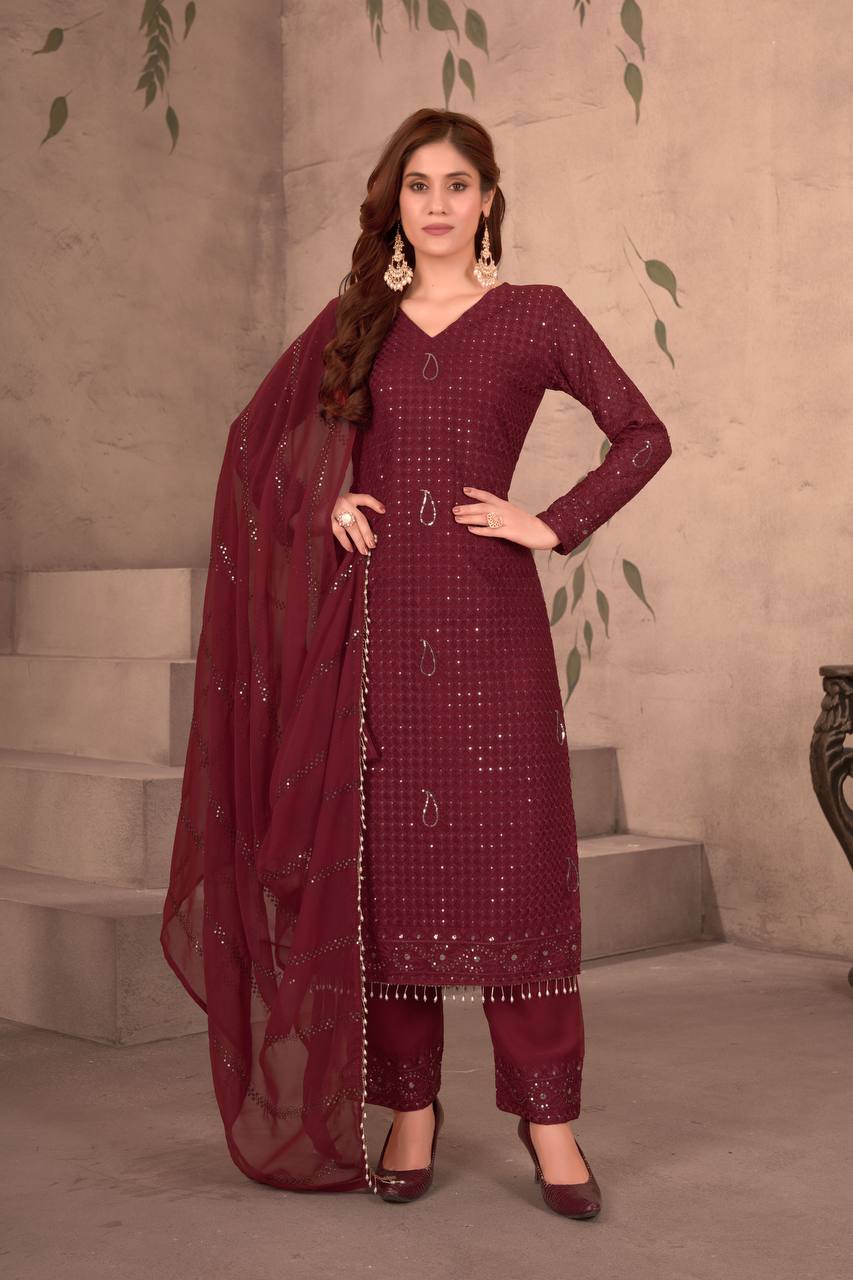 MAROON FAUX GEORGEET WITH EMBROIDERY SEQUENCE DESIGN WORK SALWAR SUIT - INSPIRED - qivii
