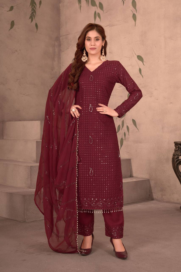 MAROON FAUX GEORGEET WITH EMBROIDERY SEQUENCE DESIGN WORK SALWAR SUIT - INSPIRED - qivii