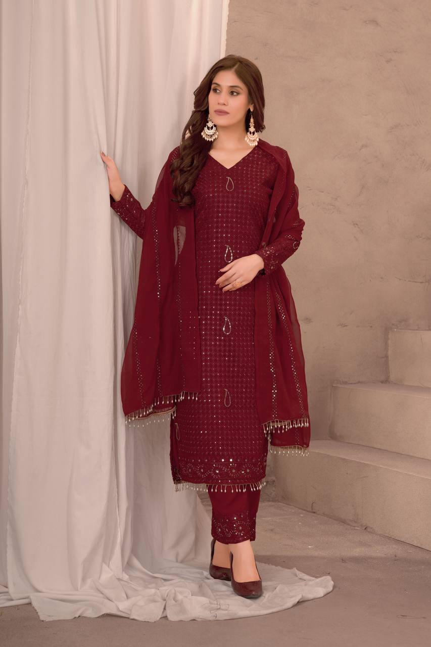 MAROON FAUX GEORGEET WITH EMBROIDERY SEQUENCE DESIGN WORK SALWAR SUIT - INSPIRED - qivii