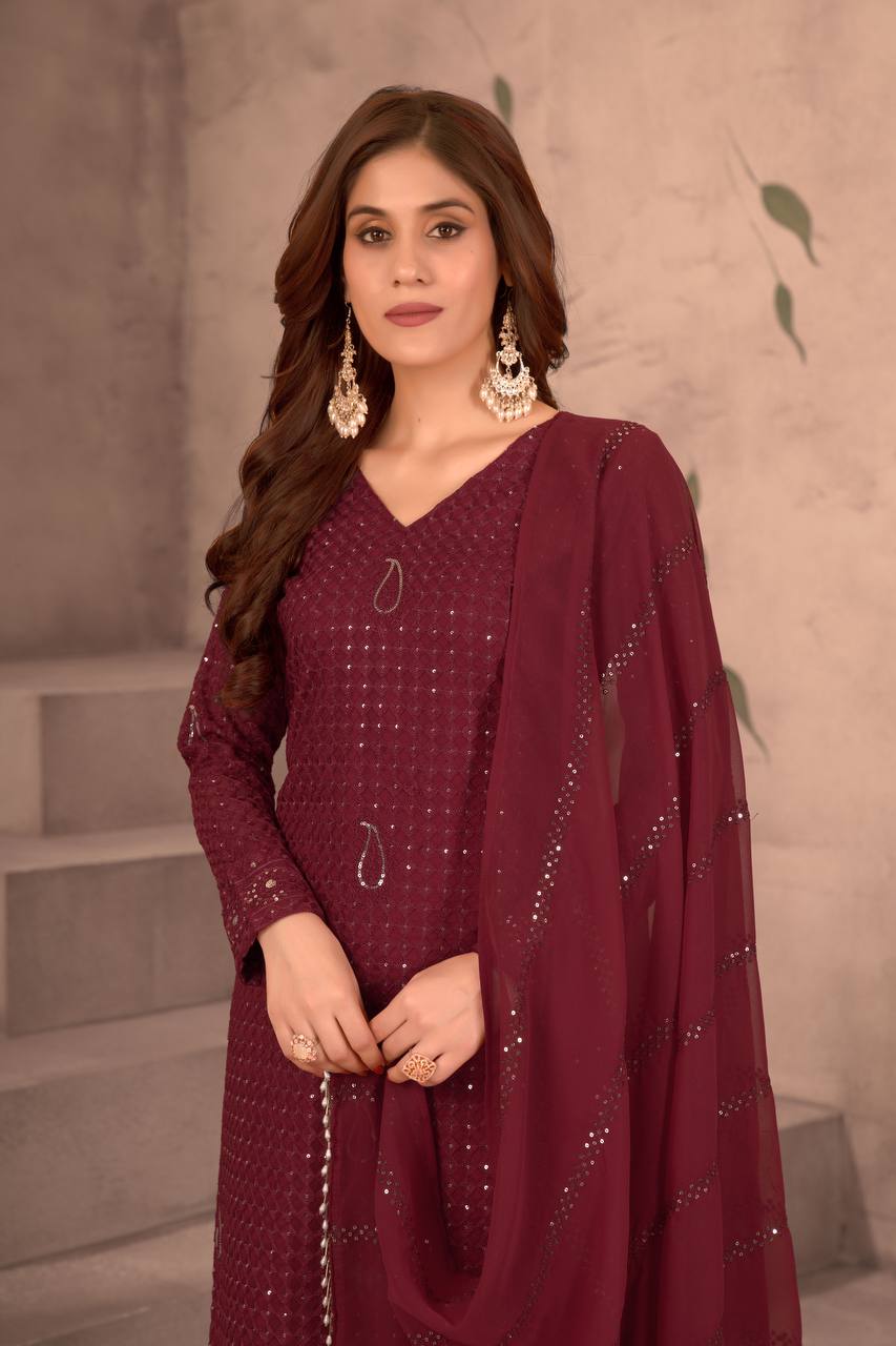 MAROON FAUX GEORGEET WITH EMBROIDERY SEQUENCE DESIGN WORK SALWAR SUIT - INSPIRED - qivii