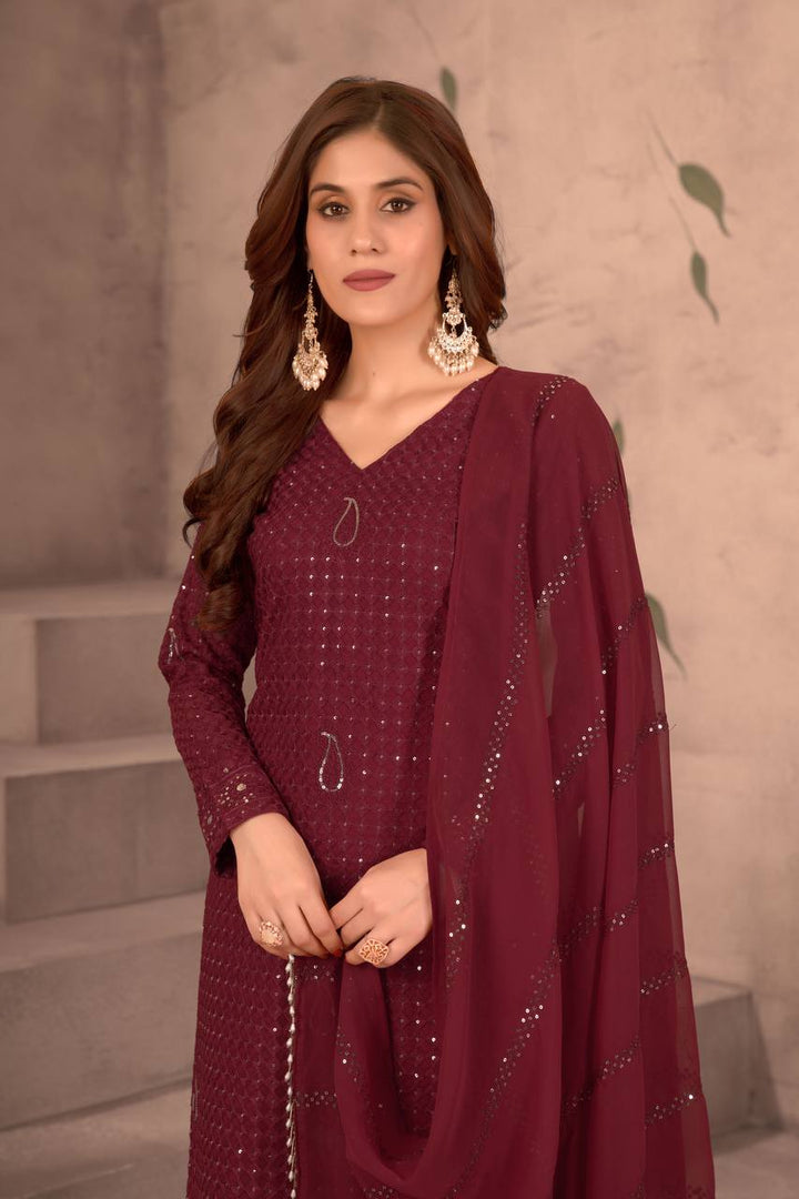 MAROON FAUX GEORGEET WITH EMBROIDERY SEQUENCE DESIGN WORK SALWAR SUIT - INSPIRED - qivii