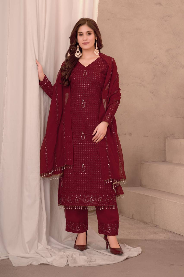 MAROON FAUX GEORGEET WITH EMBROIDERY SEQUENCE DESIGN WORK SALWAR SUIT - INSPIRED - qivii