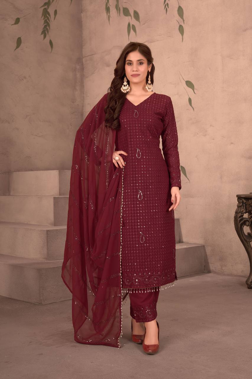 MAROON FAUX GEORGEET WITH EMBROIDERY SEQUENCE DESIGN WORK SALWAR SUIT - INSPIRED - qivii