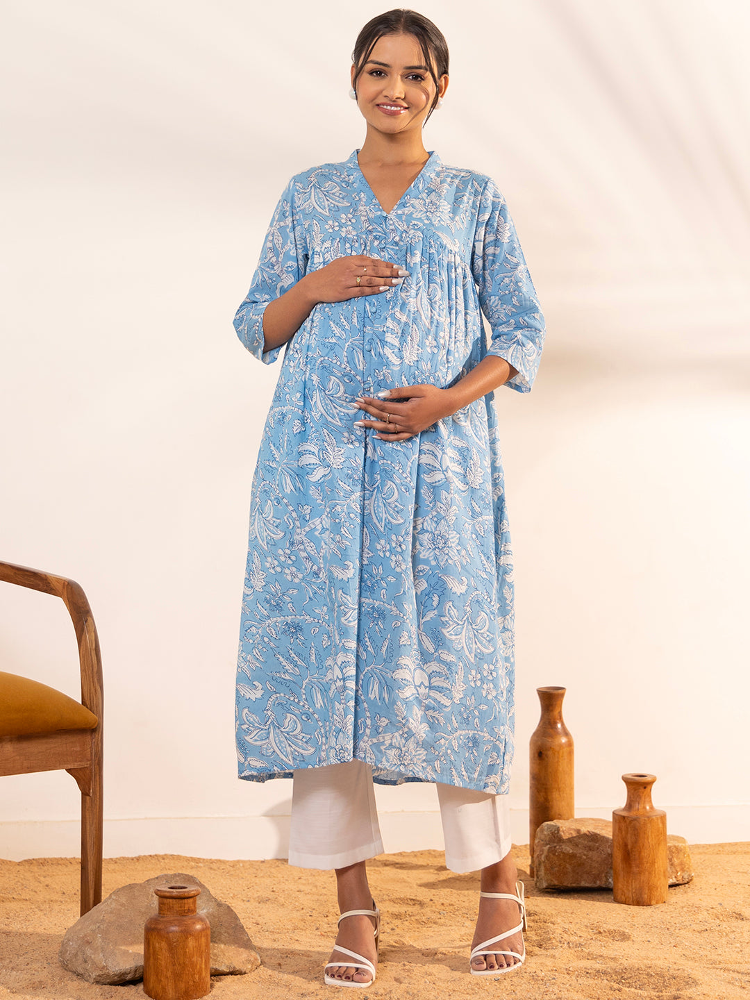 Sky Blue Cotton Floral Printed A-Line Maternity Kurta - qivii