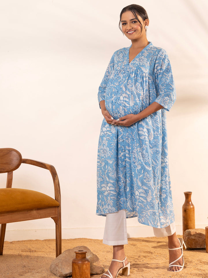 Sky Blue Cotton Floral Printed A-Line Maternity Kurta - qivii