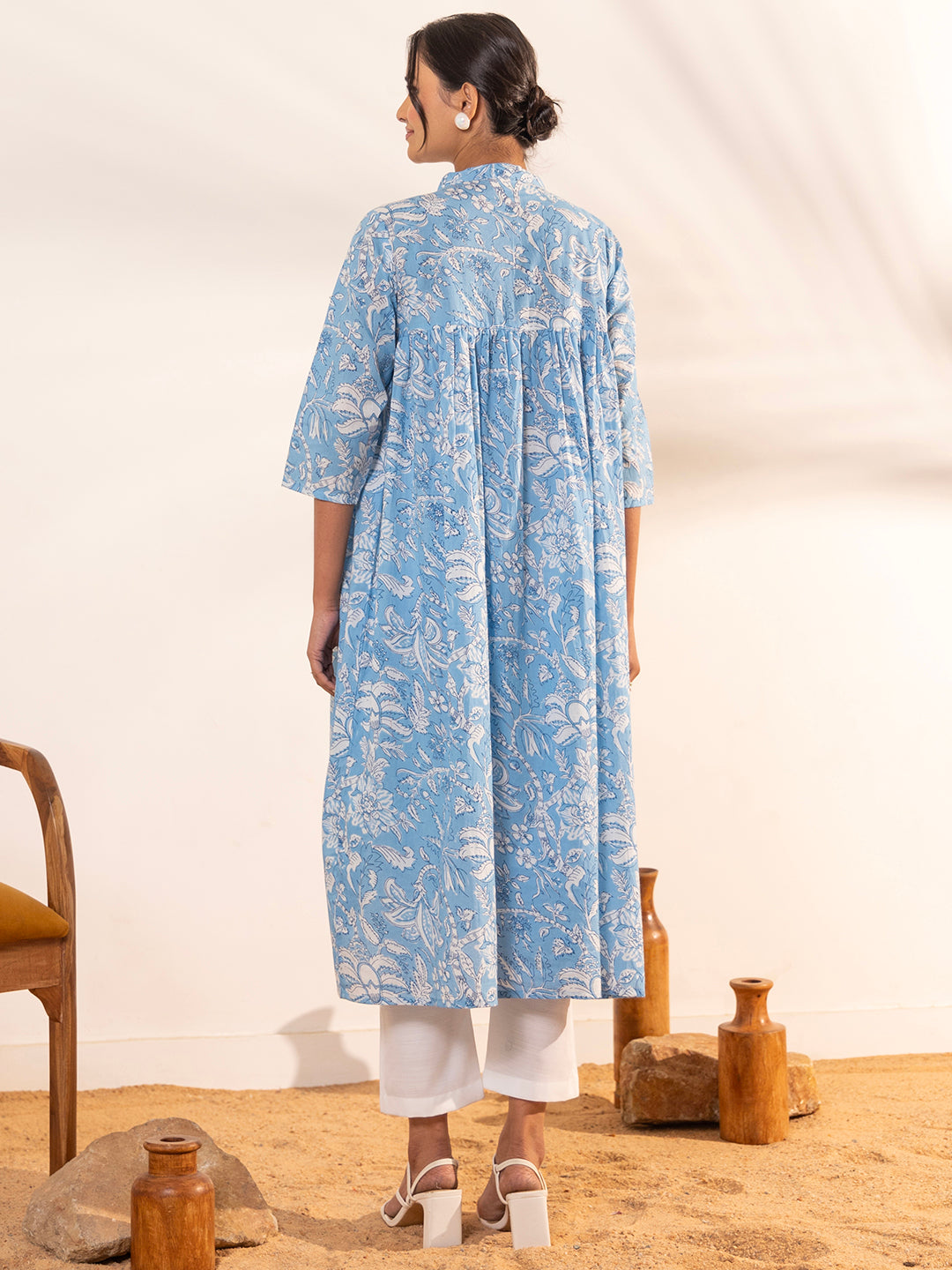 Sky Blue Cotton Floral Printed A-Line Maternity Kurta - qivii