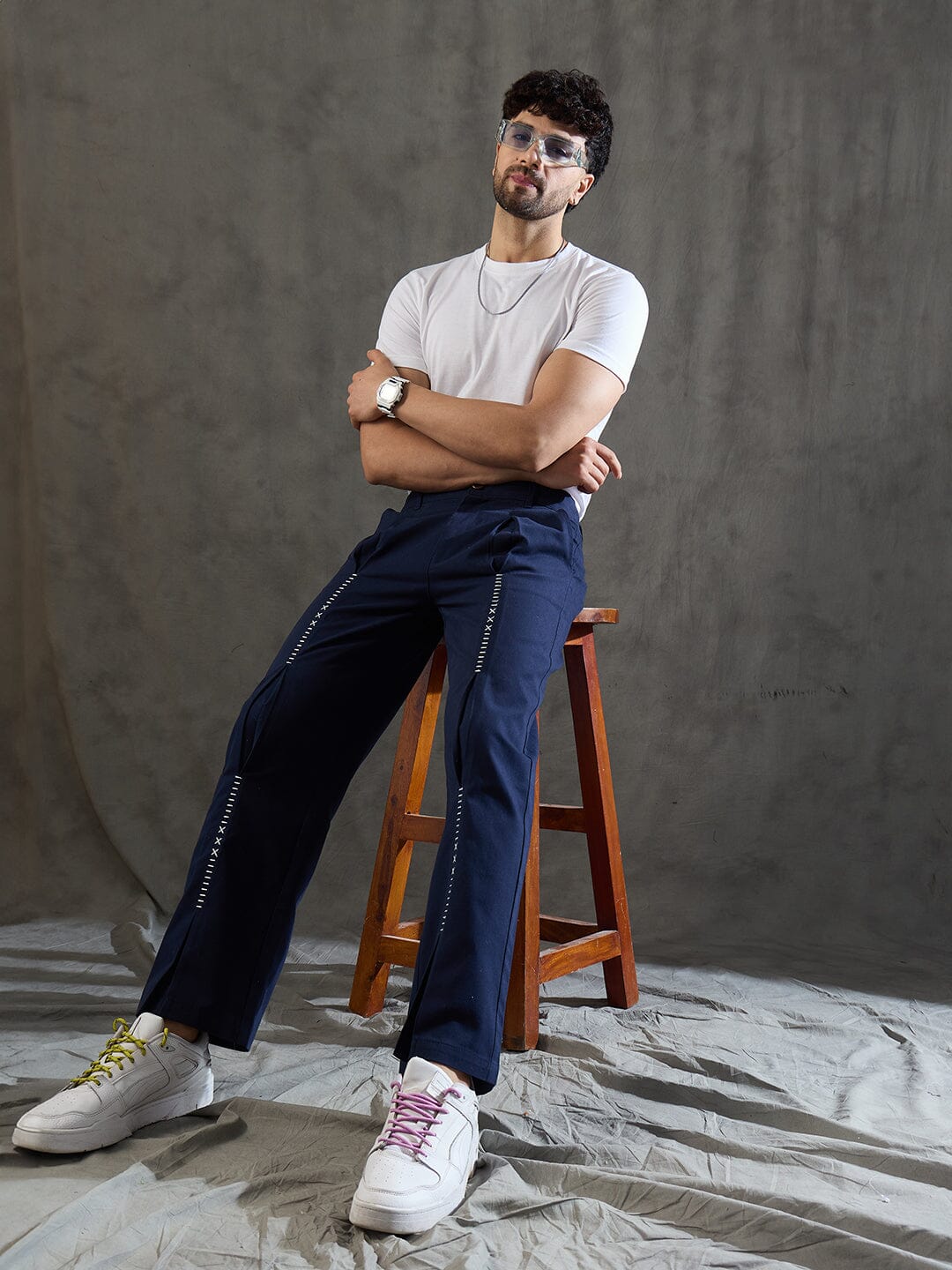 Navy Pleated Embroidered Trousers