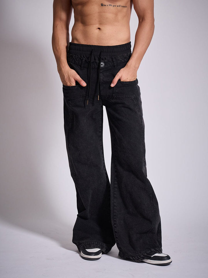Black Double Waisted Panel Denim